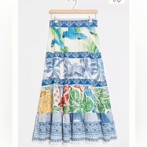 Farm Rio Anthropologie Tropicale tiered tropical Print midi Skirt size S